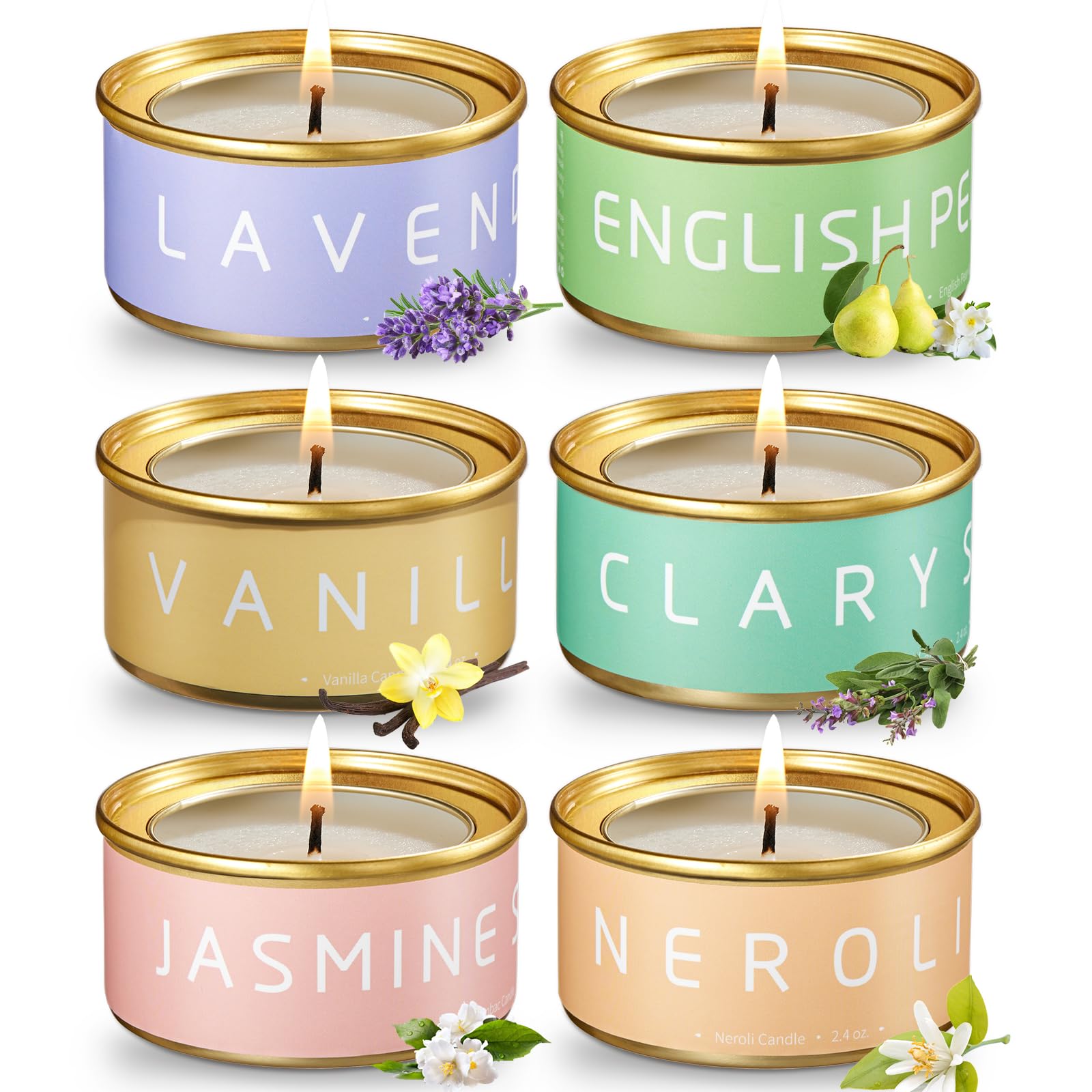 VTS Candles for Home Scented, 6 Pack Aromatherapy Candles (Lavender, Vanilla, English Pear & Freesia, Neroil, Clary Sage, Jasmine Sambac), Candles Gift Set for Stocking Stuffers, Christmas, Birthday