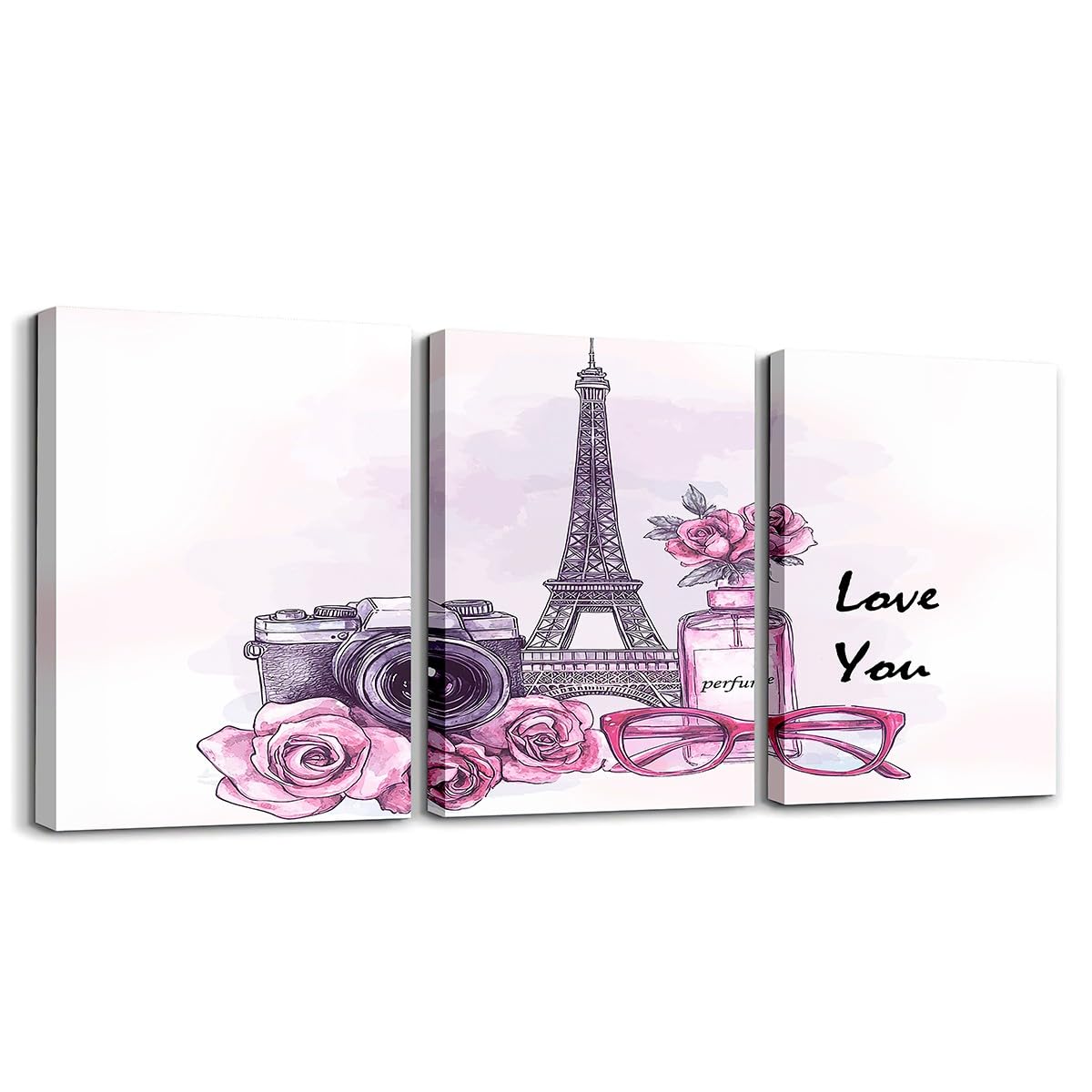 The Lover's Day Paintings Wall Decor for Living Room Bedroom,Eiffel Tower Canvas Wall Art 12x16 Set of 3,Romantic Rose Camera Framed Wall Art,Perfume Poster Prints