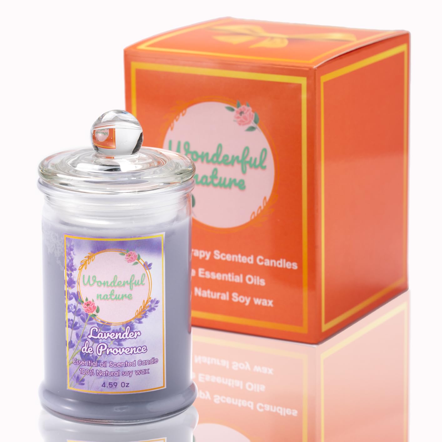 Wonderfulnature Lavender de Provence Pure Essential Oil Scented Candle, Aromatherapy, 100% Natural Soy Wax, Single Wick with Burning time Longer 35 Hours 4.59oz 1glass/Gift Box