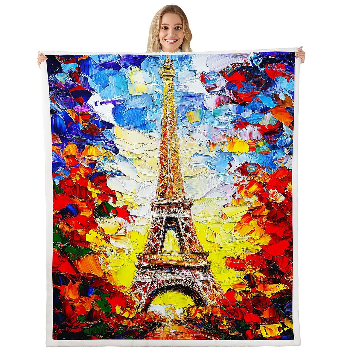 jejeloiu Eiffel Tower Sherpa Blanket Baby 30"x40" Kids Romantic City Fuzzy Blanket for Bed Sofa Couch Oil Painting Style Fleece Throw Blanket Modern Fuzzy Blanket Room Decorations
