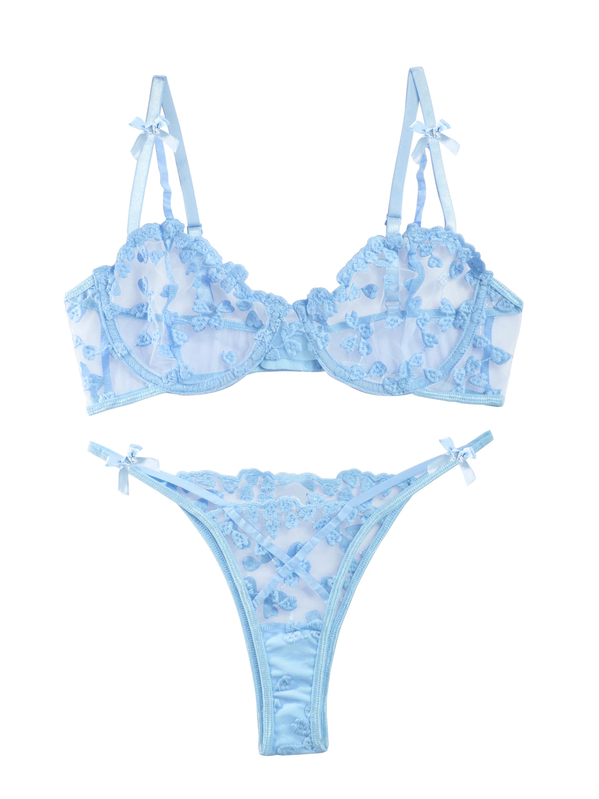 Lilosy Sexy Underwire Cute Push Up Strappy Embroidered Mesh Sheer Lingerie Set See Through Panty Bra