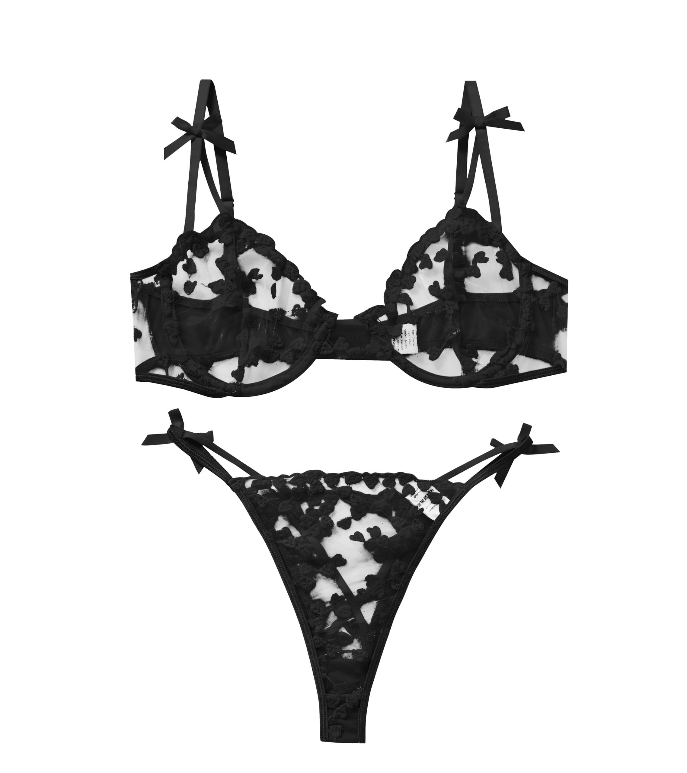 Sexy Womens Underwire Strappy Embroidered Mesh Sheer Lingerie V Neck Set See Bra 2 Piece