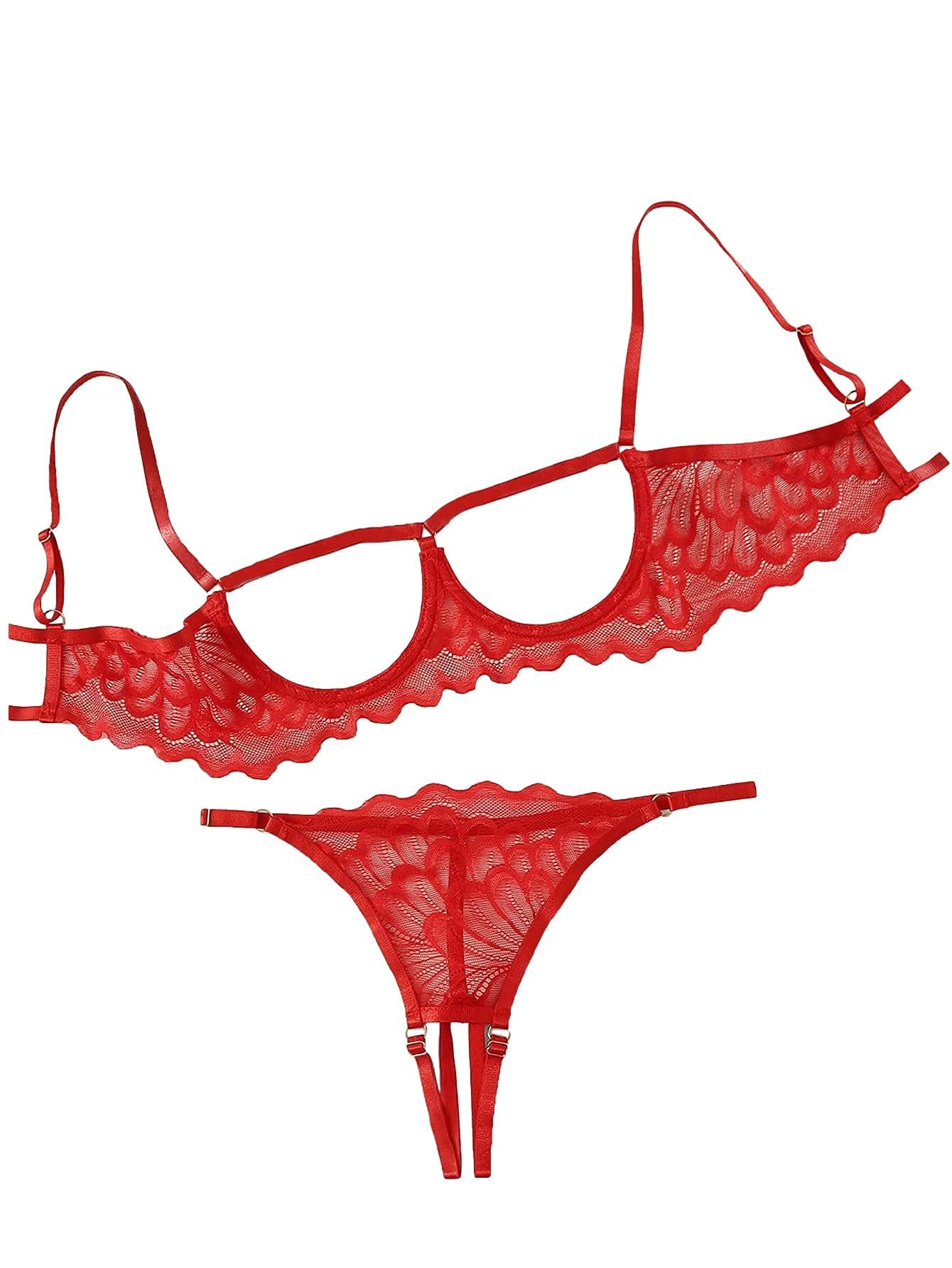 Lilosy Sexy Underwire Floral Lace Sheer Lingerie Set for Women See Through Bra and Panty 2 Piece