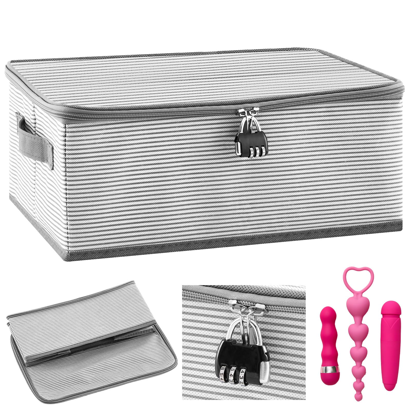 Discreet Lockable Adult Toy Bag Storage Organizer Toy Bag Storage Bins with Zipper Lid 15 x 10 x 5.9 Inches Toy Storage Organizer Case for Women and Men Clothes Container(Gray Stripes)