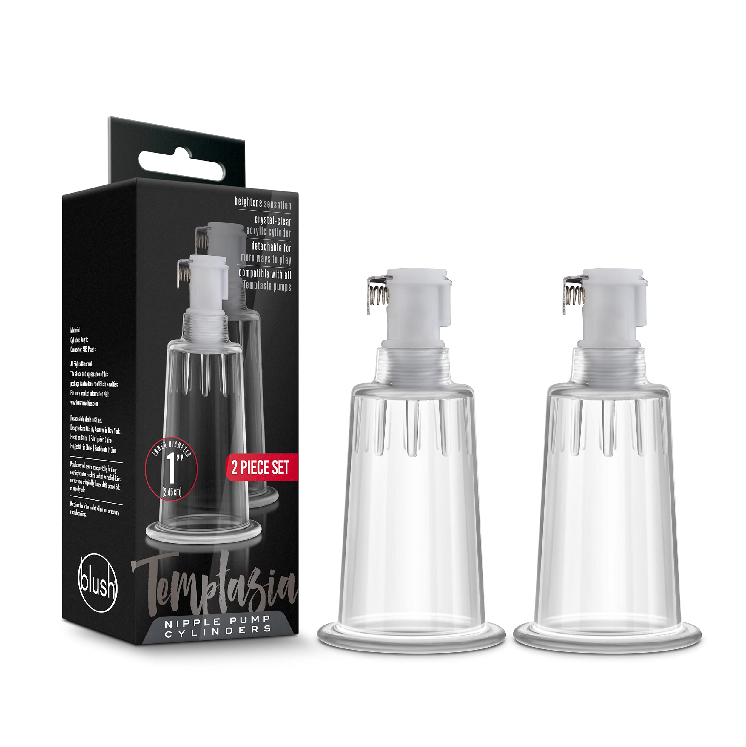 Blush Novelties Temptasia Nipple Pumping Cylinders - Set of 2-1 Inch Wide - Nterchange Compatible Replacement Upgrade for All Temptasia Nipple Pumps Sex Sexual Enhancing Toy for Women - Clear
