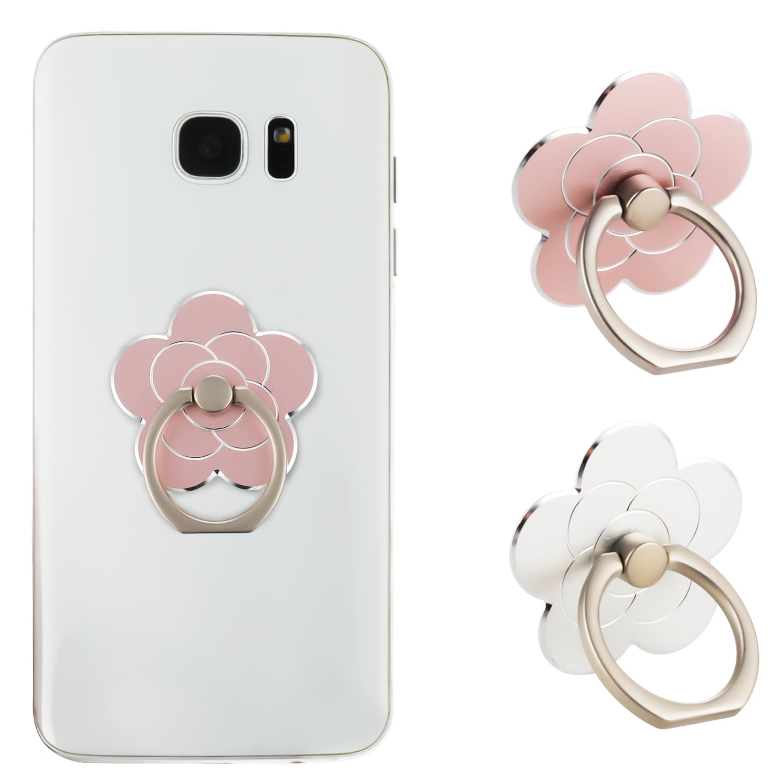 Sibba 2pcs Phone Ring Holder Kickstand Cellphone Flower Finger Ring Grips Stand Metal Universal Accessories Compatible with Smartphone, Mobile Phones, Phone case (Silver, Rose Gold)