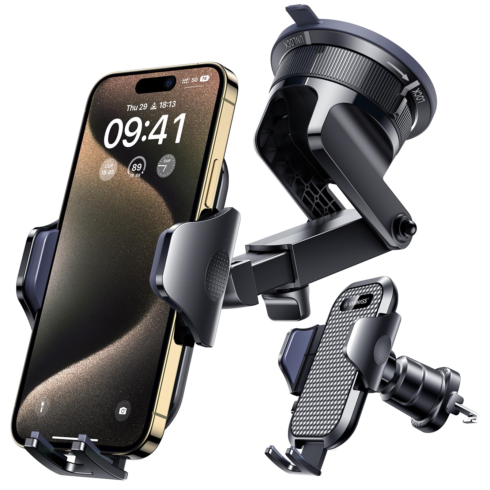 [True Military-Grade] Car Phone Holder VANMASS [Upgraded Strongest Suction & Clip] Cell Phone Mount for Dashboard Windshield Vent, Truck Accessories Cradle Stand for iPhone 16 Pro Max 15 14 13 Android
