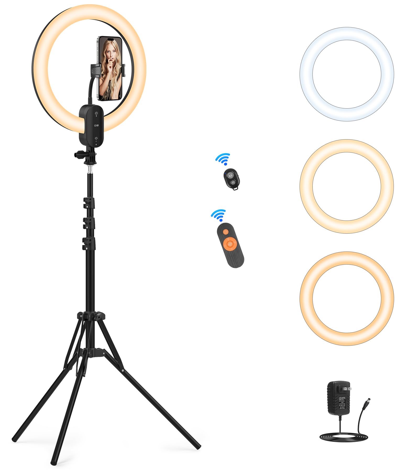 12" Selfie Ring Light with 63" Tripod Stand/Phone Holder, QEUOOIY 20W LED Circle Lights Dimmable 3000-6500K with Remote Control and Built-in Rechargeable Battery for Vlog, Makeup, YouTube, Camera