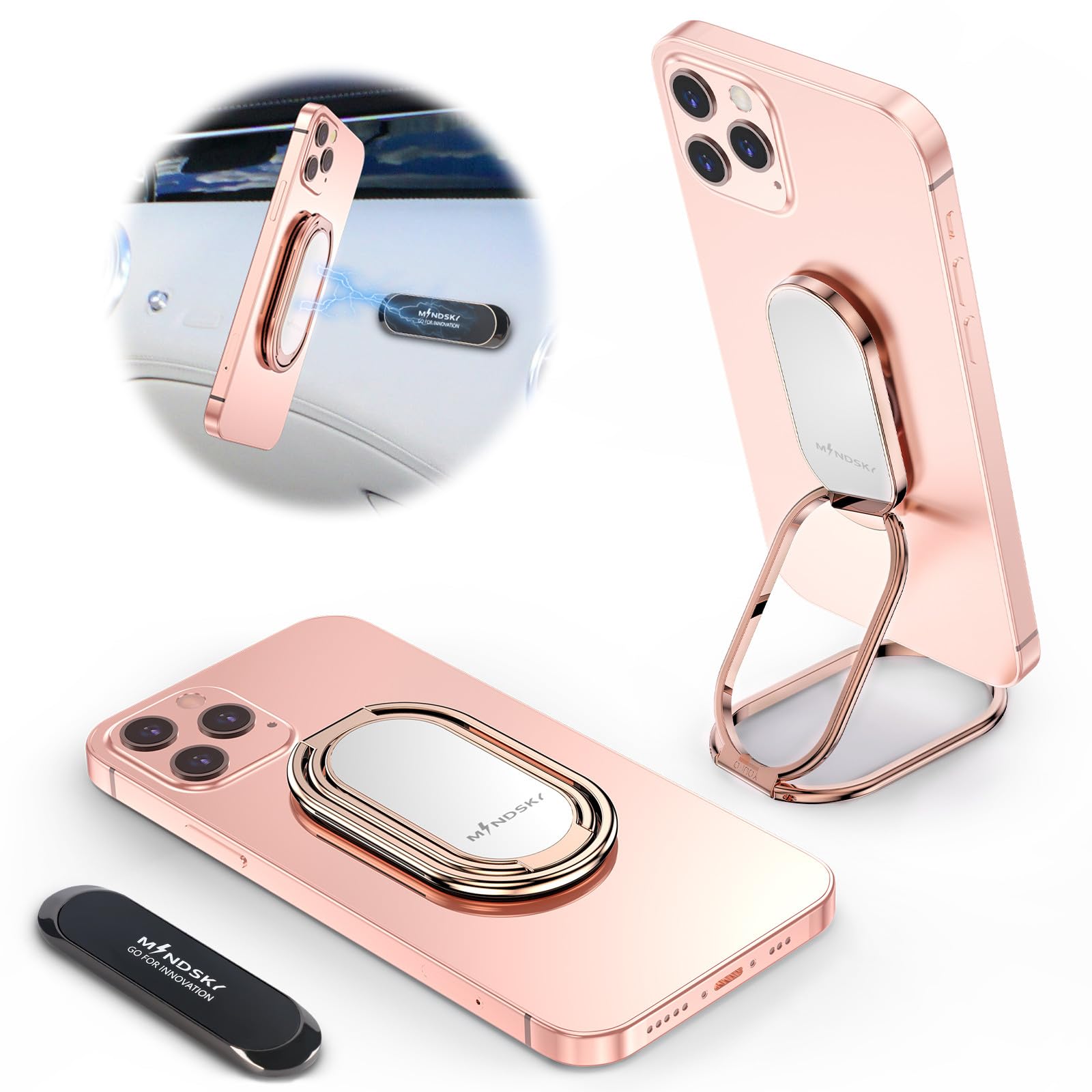 MINDSKY Phone Ring Holder Finger Kickstand Retractable 360°Rotation Ultra-Thin Cell Phone Back Grip Foldable Cellphone Stand for iPhone iPad Smartphones Tablets (with Universal Magnetic Car Mount)