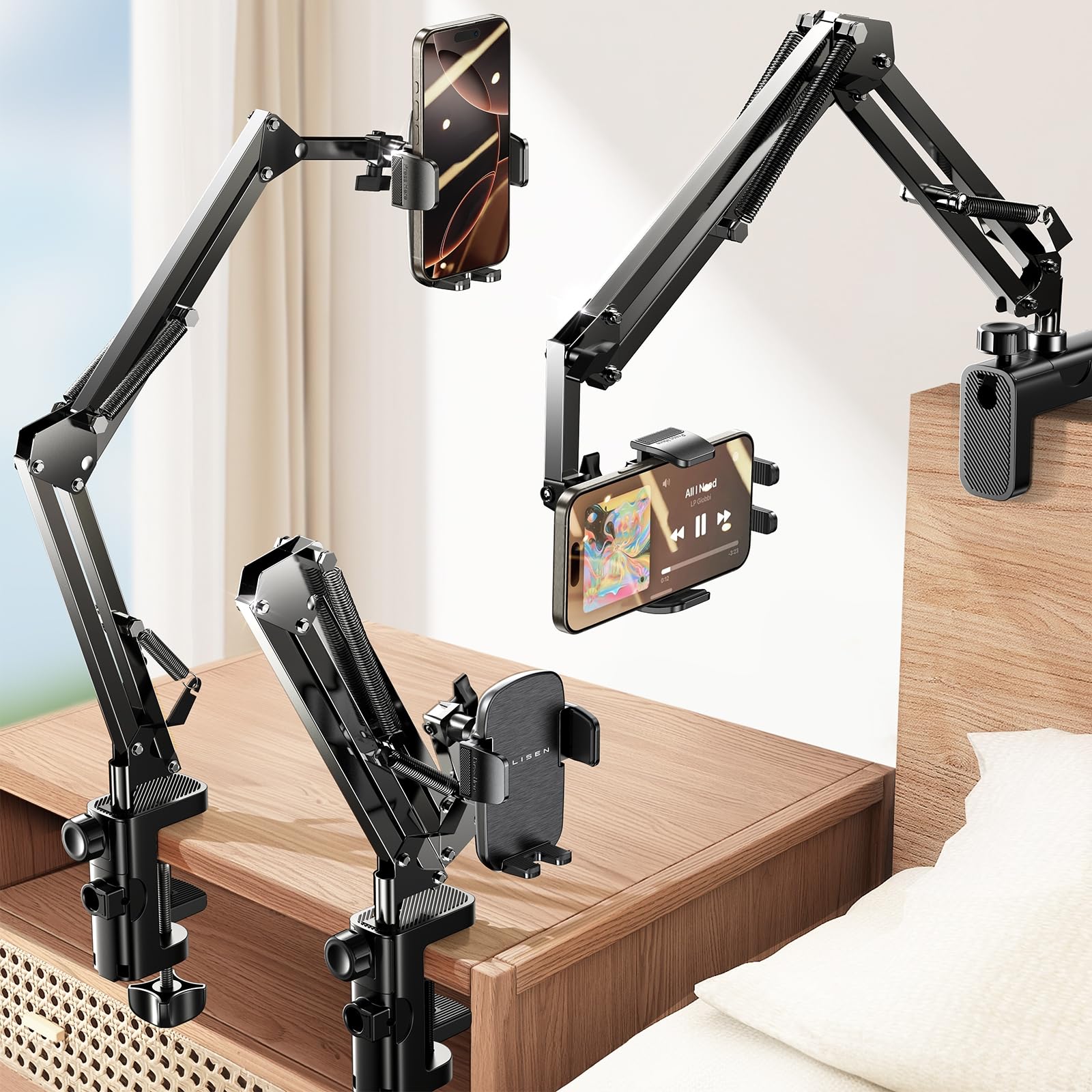 LISEN for Gooseneck Phone Holder for Bed Desk [3rd Upgrade] Cell Phone Stand for Desk iPhone Holder Laying Down Bed Accessories,Flexible Arm Clamp Clip Phones Mount Stand for Filming Fits iPhone 16