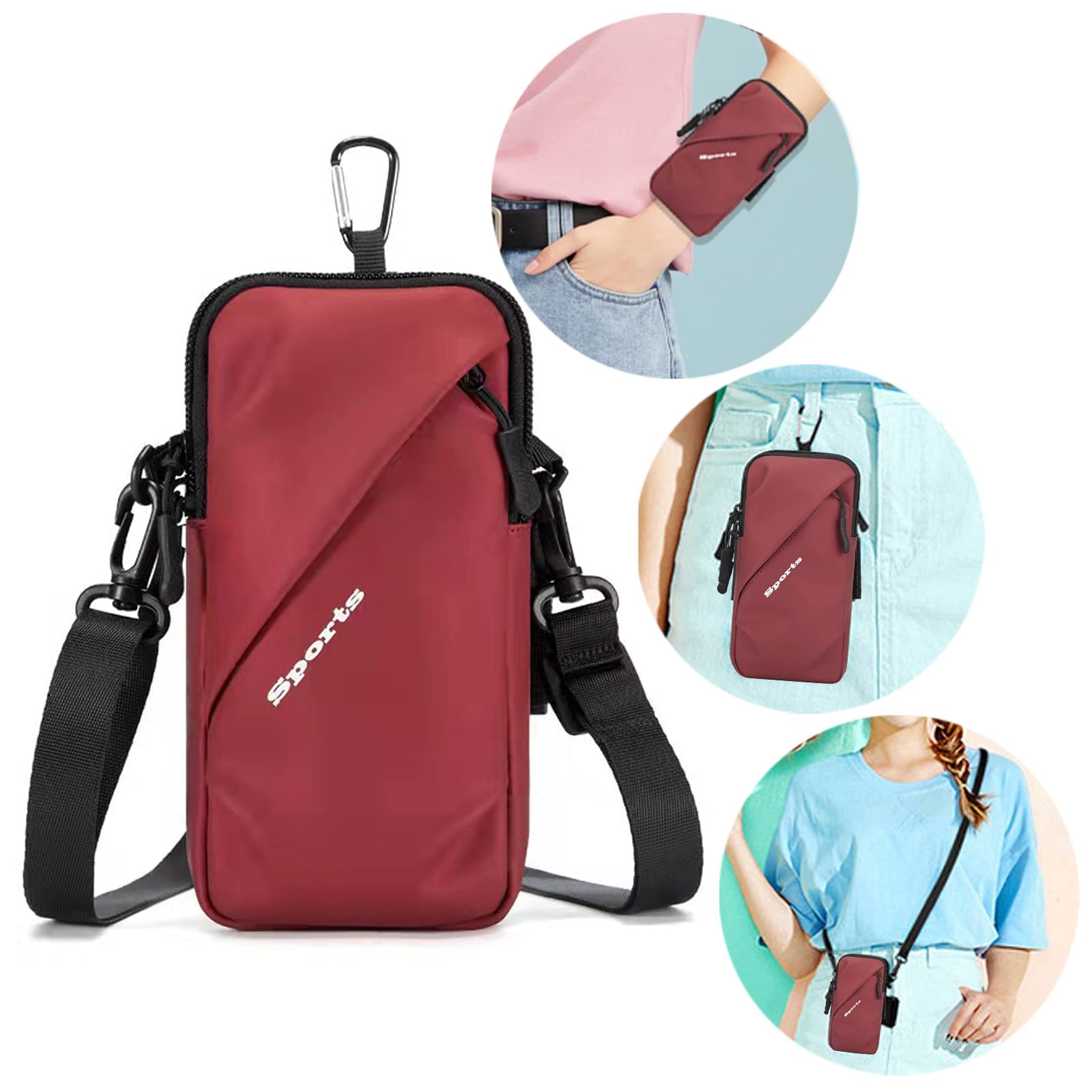 Cell Phone Holder, Small Crossbody Shoulder Holsters Bag with Arm Band, Fits iPhone and Android, Use for Running, Walking, Hiking & Biking (6.7 Inches, Red)