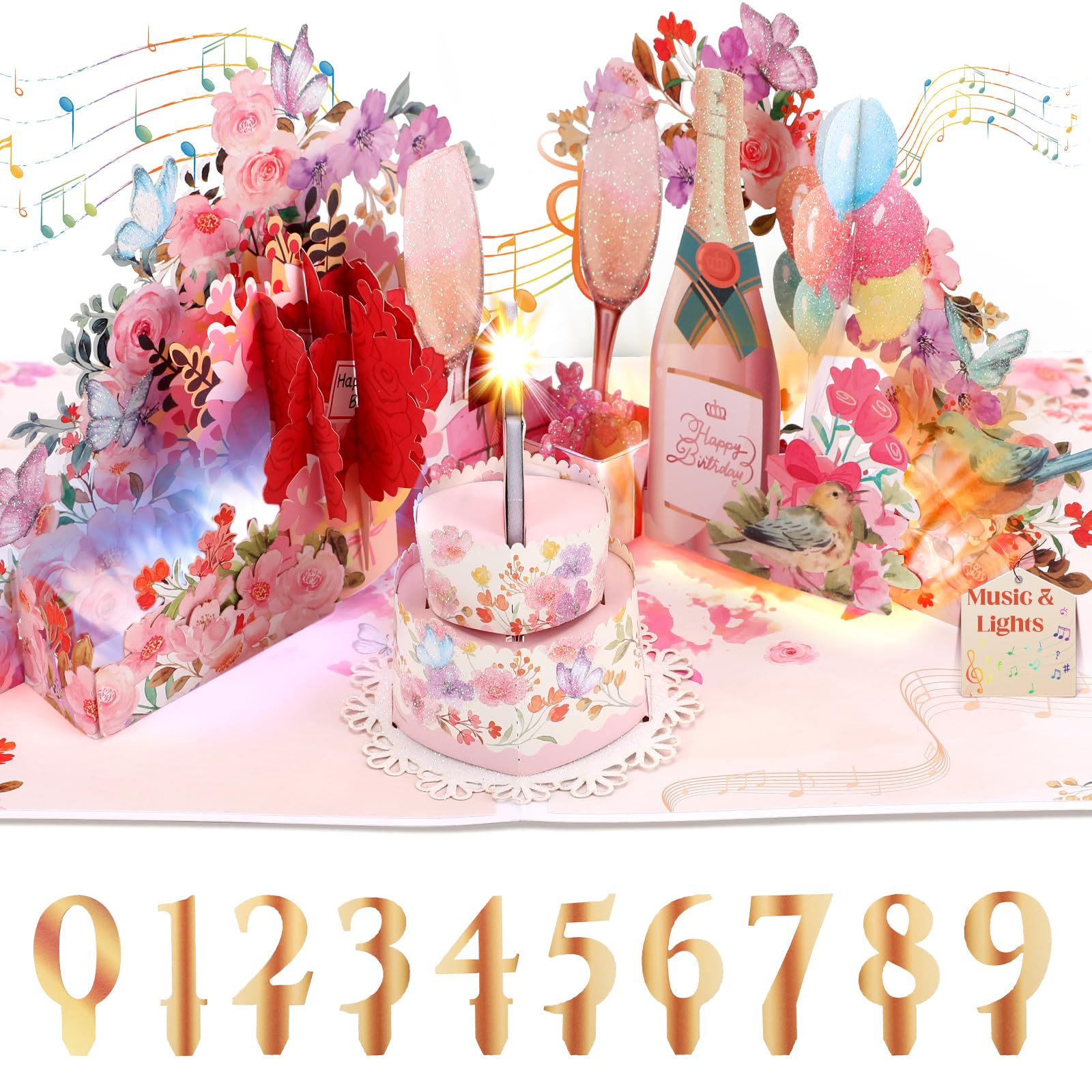 3D Pop-Up Birthday Cards for Women, Blowable LED Light Candle, Musical Happy Birthday Card with Color-Changing Lights and DIY Numbers for Ages 1-100, Luxury Greeting Card for Wife, Mom, Sister, Gir...