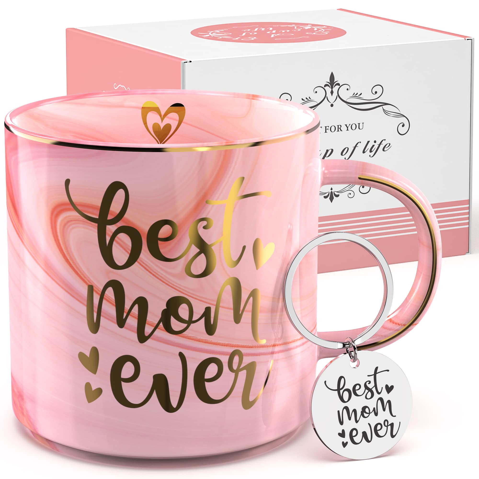 Mom Gifts From Daughter Son - Pink Ceramic Marble Coffee Mug Cup 11.5oz w/ Keychain - Best Mom Ever - Birthday Gift For Mother - Novelty Mugs Present - Mothers Day, Christmas, New Mom and Mother To Be